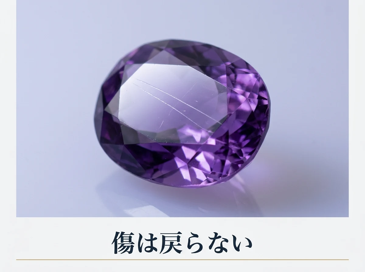 表面に引っかき傷が残った紫の宝石