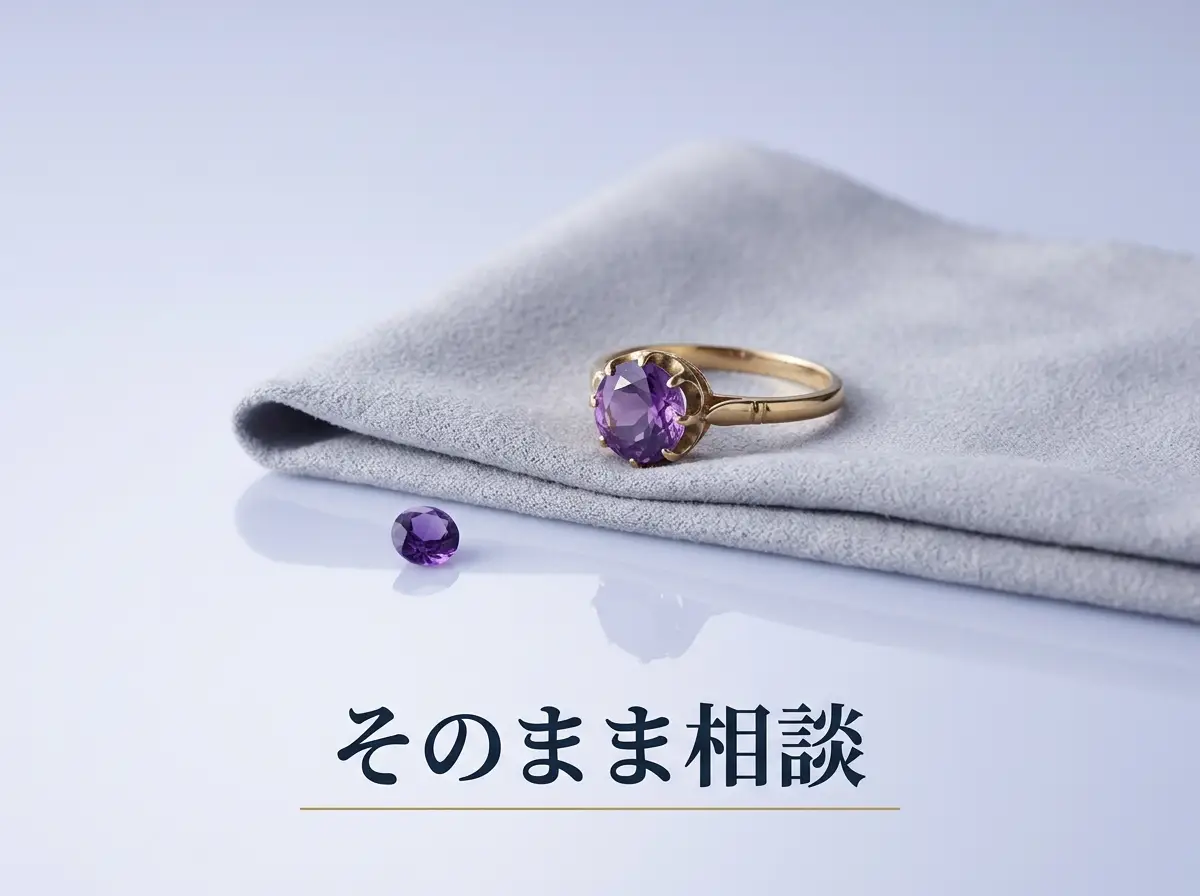 布の上に置かれたアメジストの指輪とルース