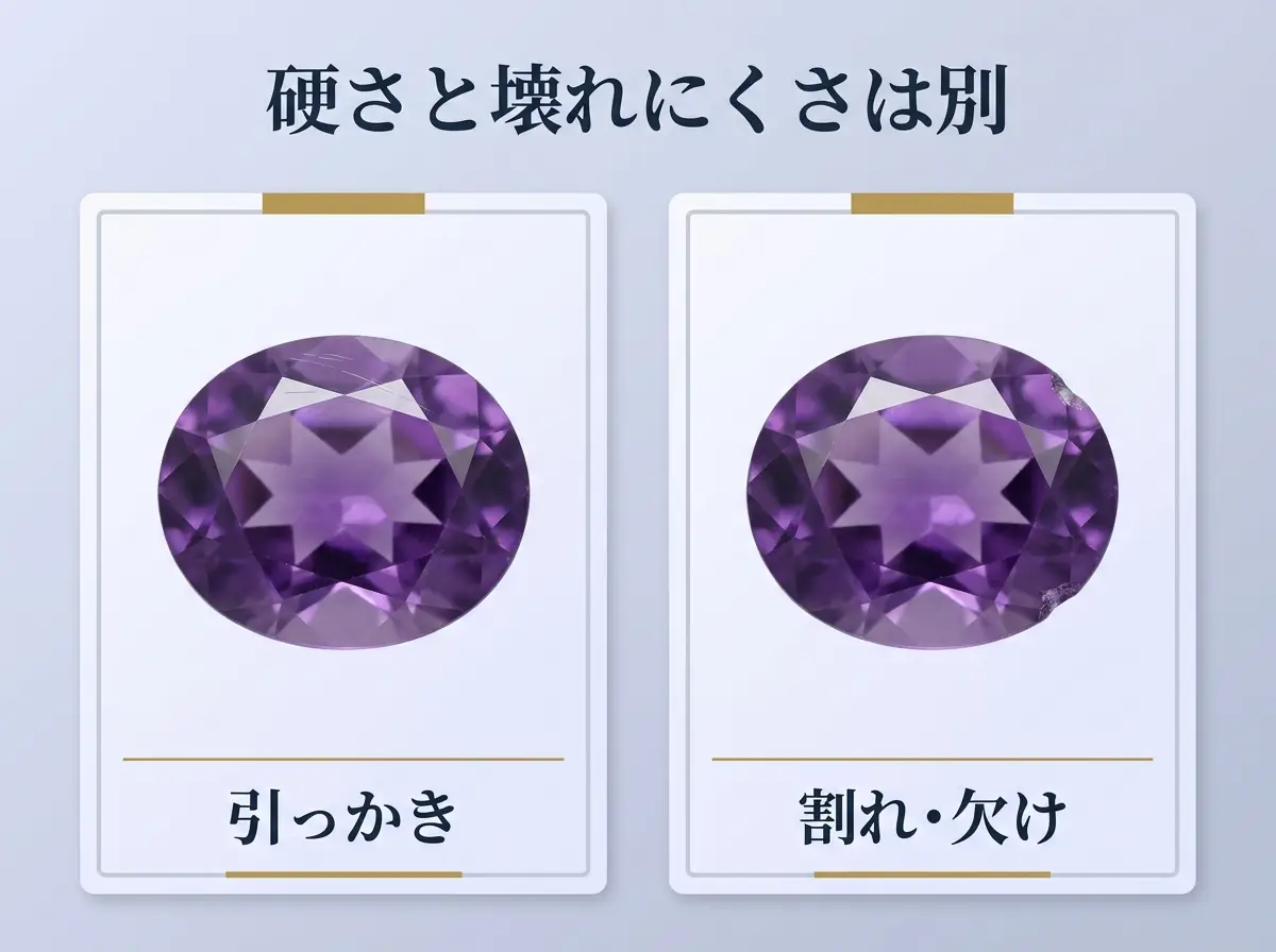 硬さと壊れにくさが別であることを2つの石で示した図