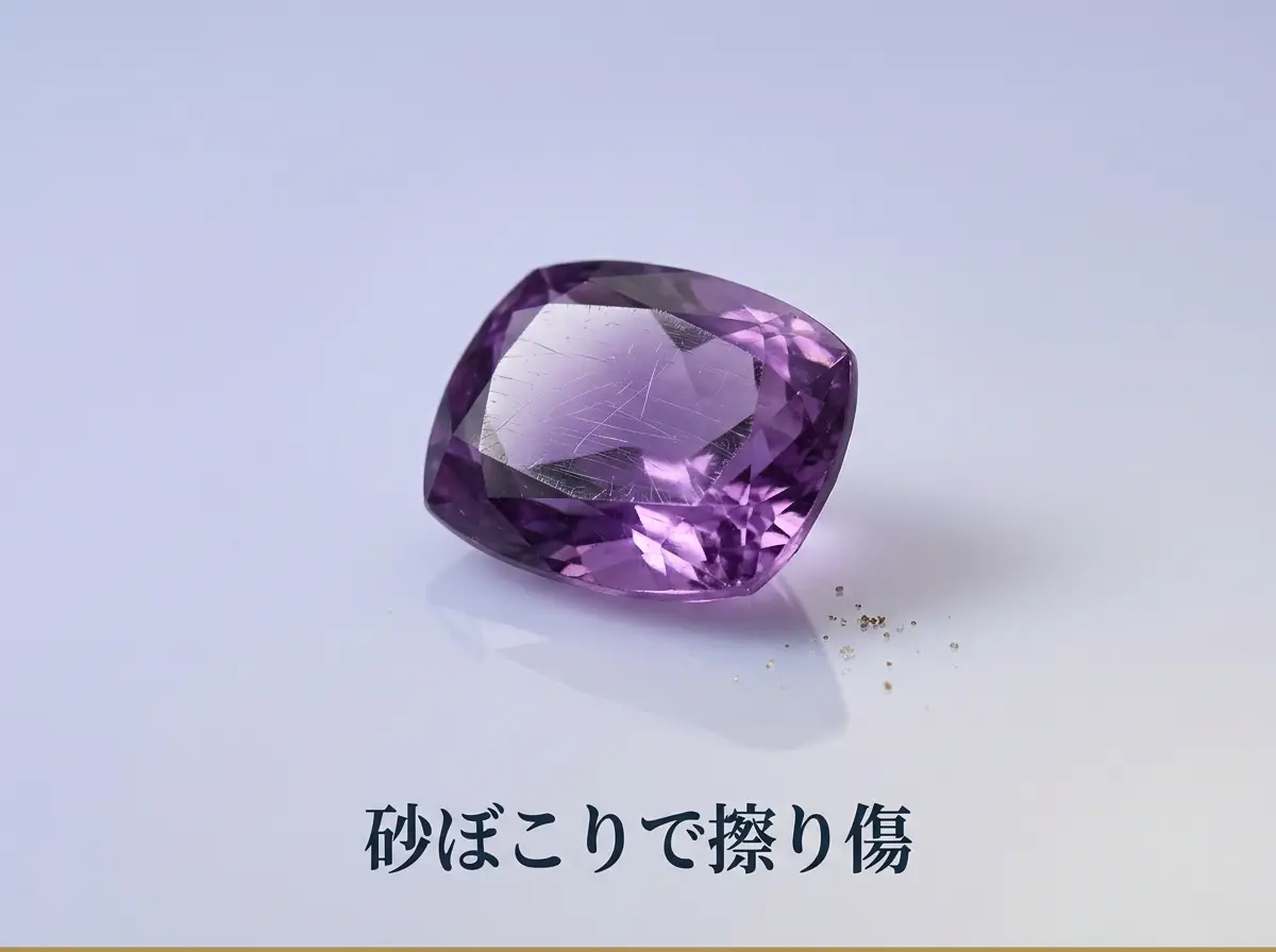 表面に細かい擦り傷がついた紫の宝石の拡大写真
