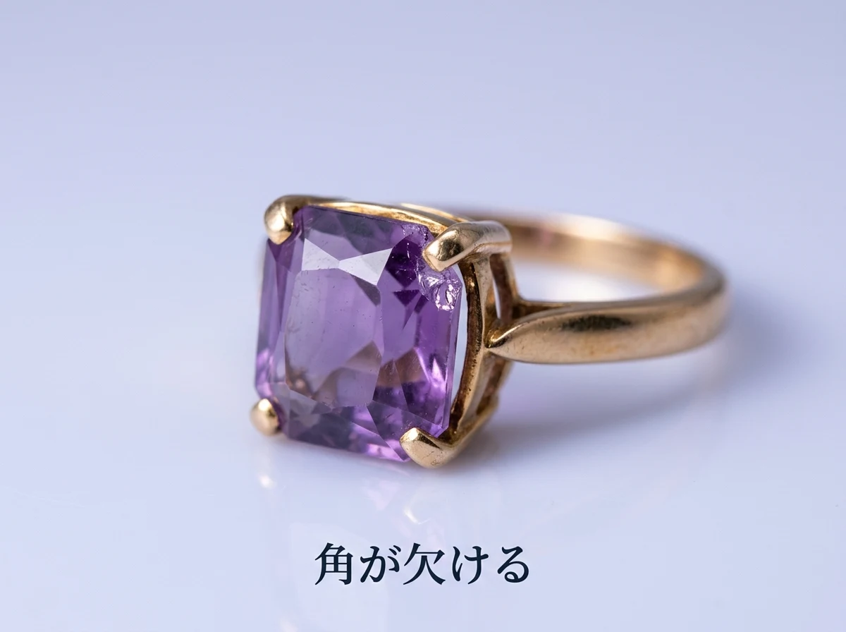 爪留めの指輪で石の角が欠けたアメジスト