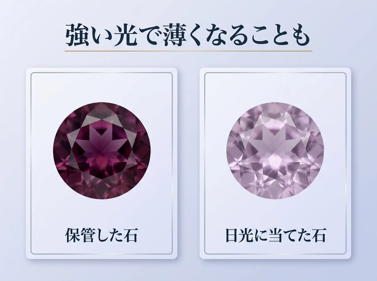 濃い紫のアメジストと退色して薄くなったアメジストを並べた比較図