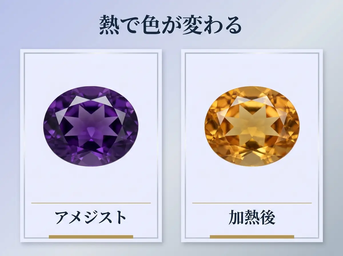 紫のアメジストと加熱で黄色くなった石を並べた比較図