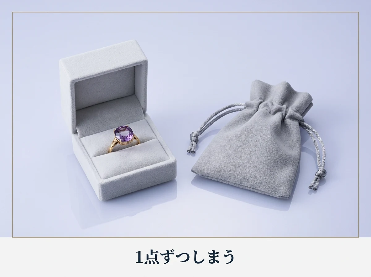 布袋と小箱に個別にしまわれたアメジストのジュエリー