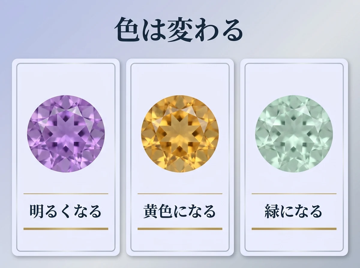 加熱で明るくなった石・黄色になった石・緑になった石を並べた図