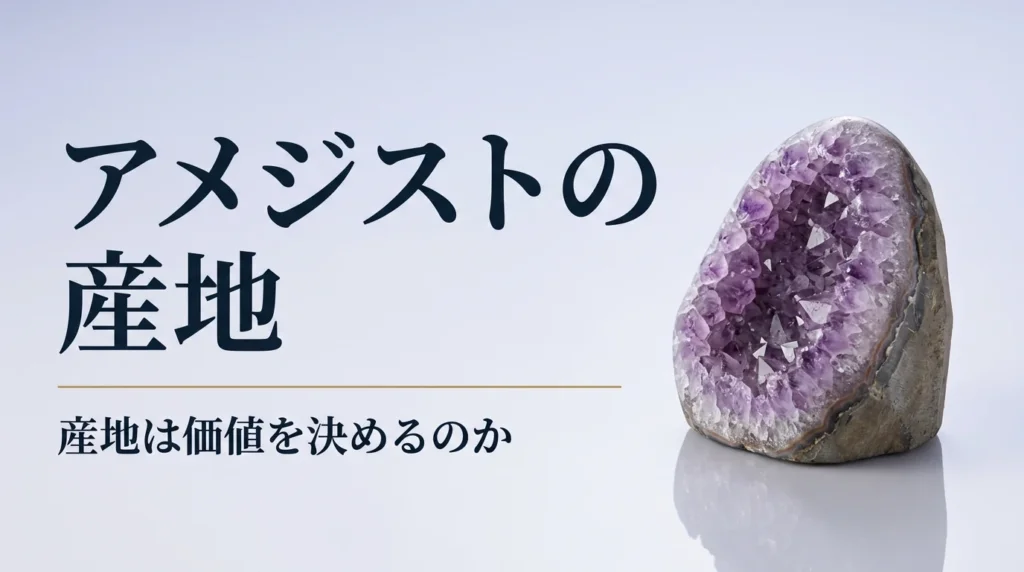 紫の結晶が並んだアメジストのジオードの断面を置いた写真