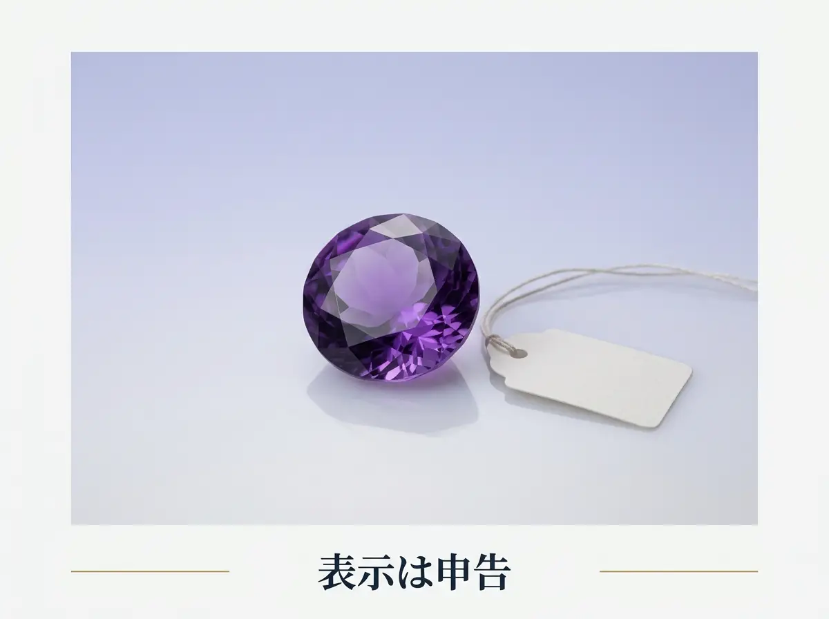小さな無地の紙のタグがついたアメジストのルース
