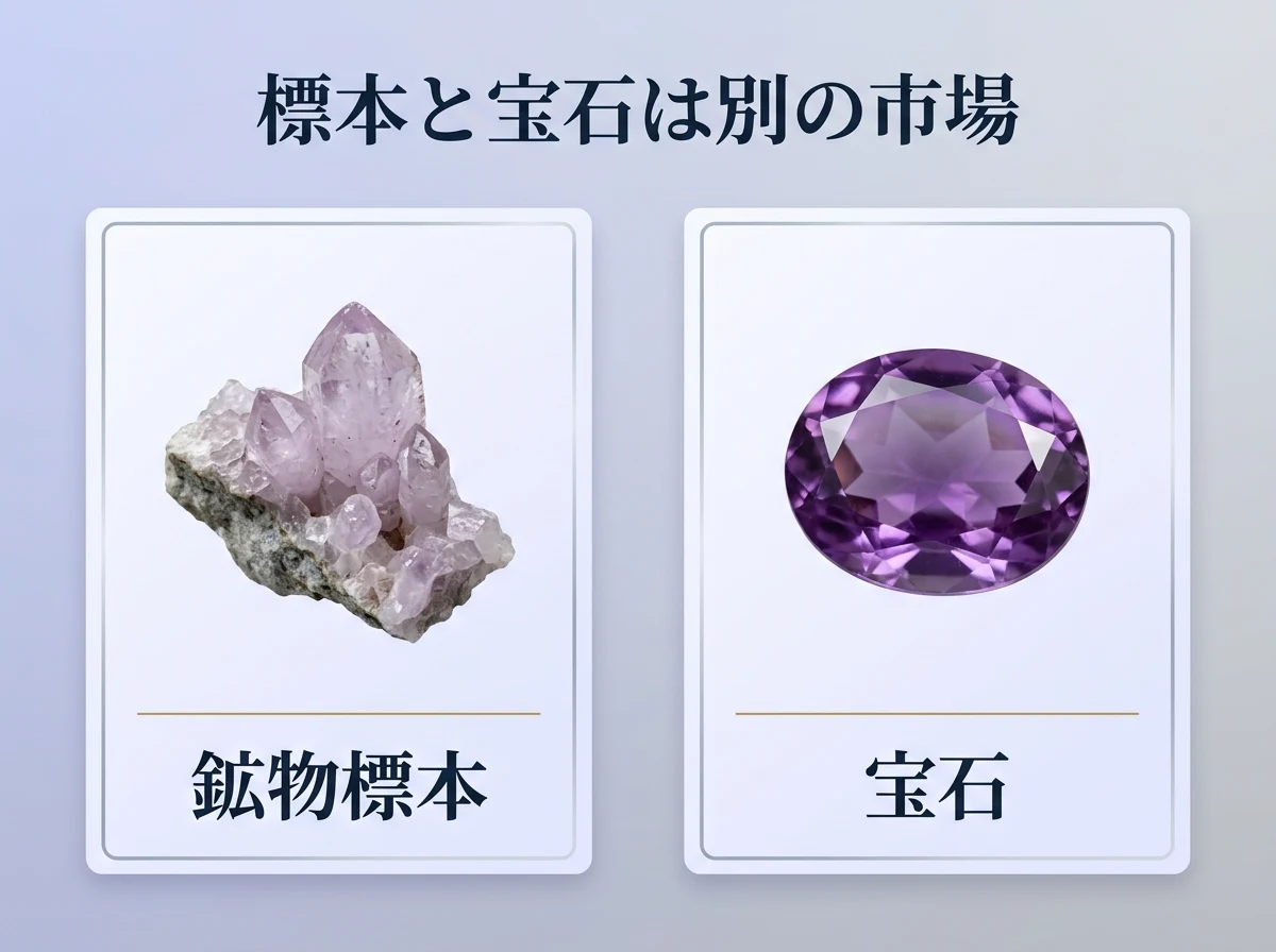 母岩つきの淡い紫の結晶標本とカットされた宝石を並べた図
