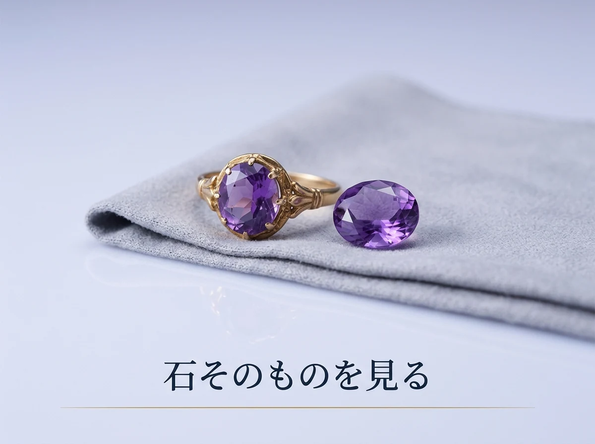 布の上に置かれたアメジストの指輪とルース