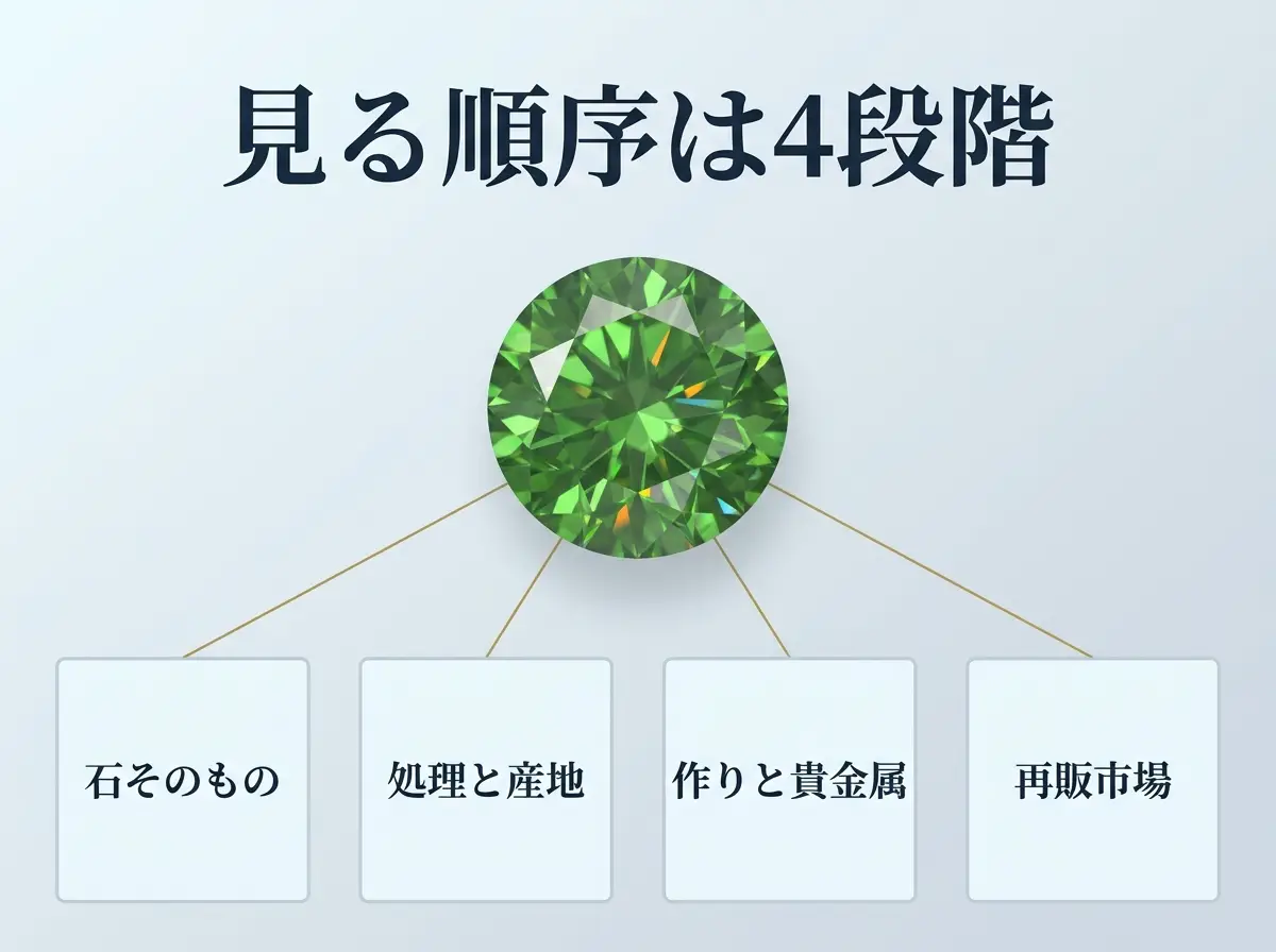 デマントイドガーネットのルースと、査定で見る4段階(石そのもの・処理と産地・作りと貴金属・再販市場)を示した図