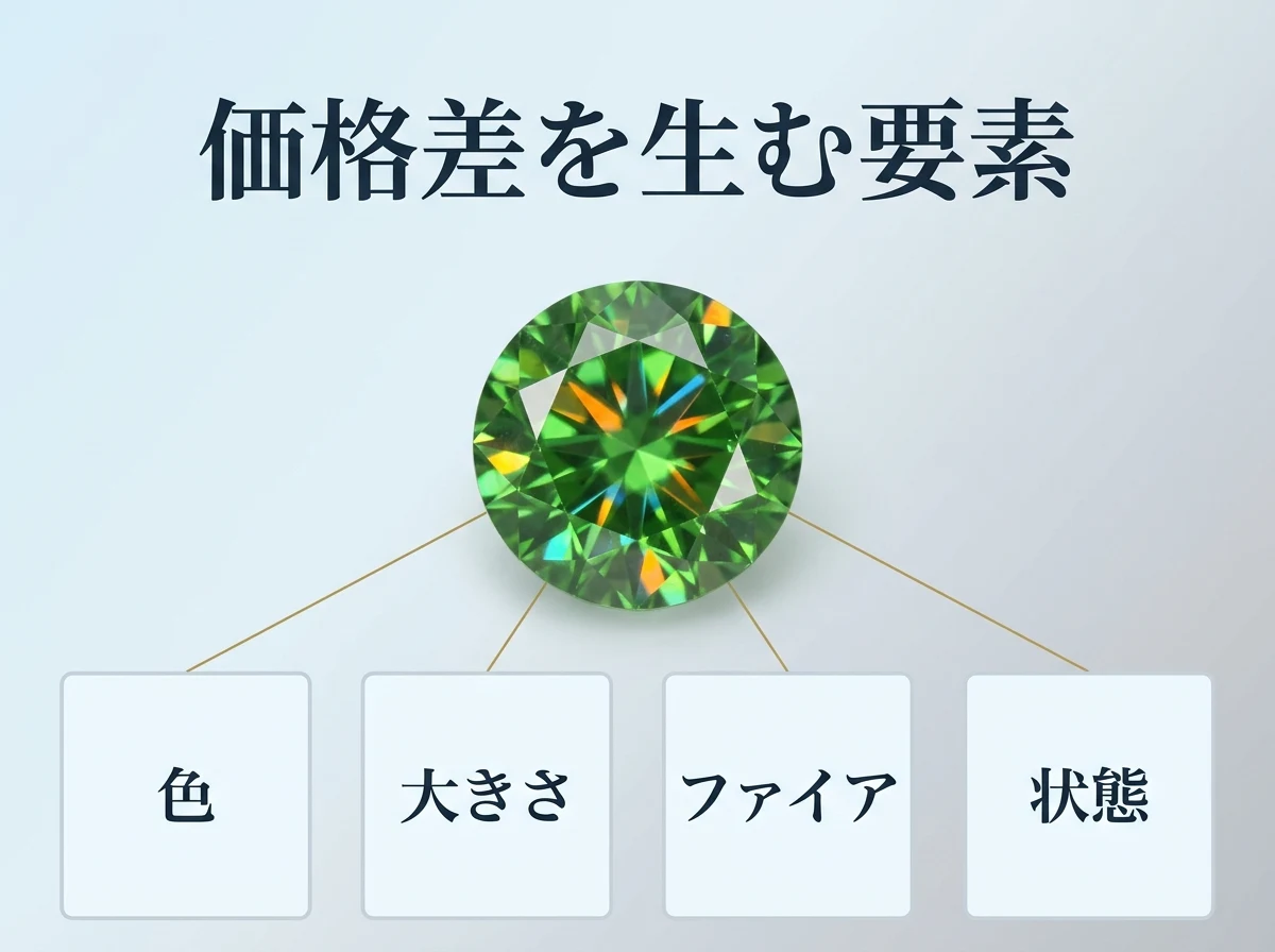 デマントイドガーネットのルースと、価格差を生む主な要素(色・大きさ・ファイア・状態)を示した図