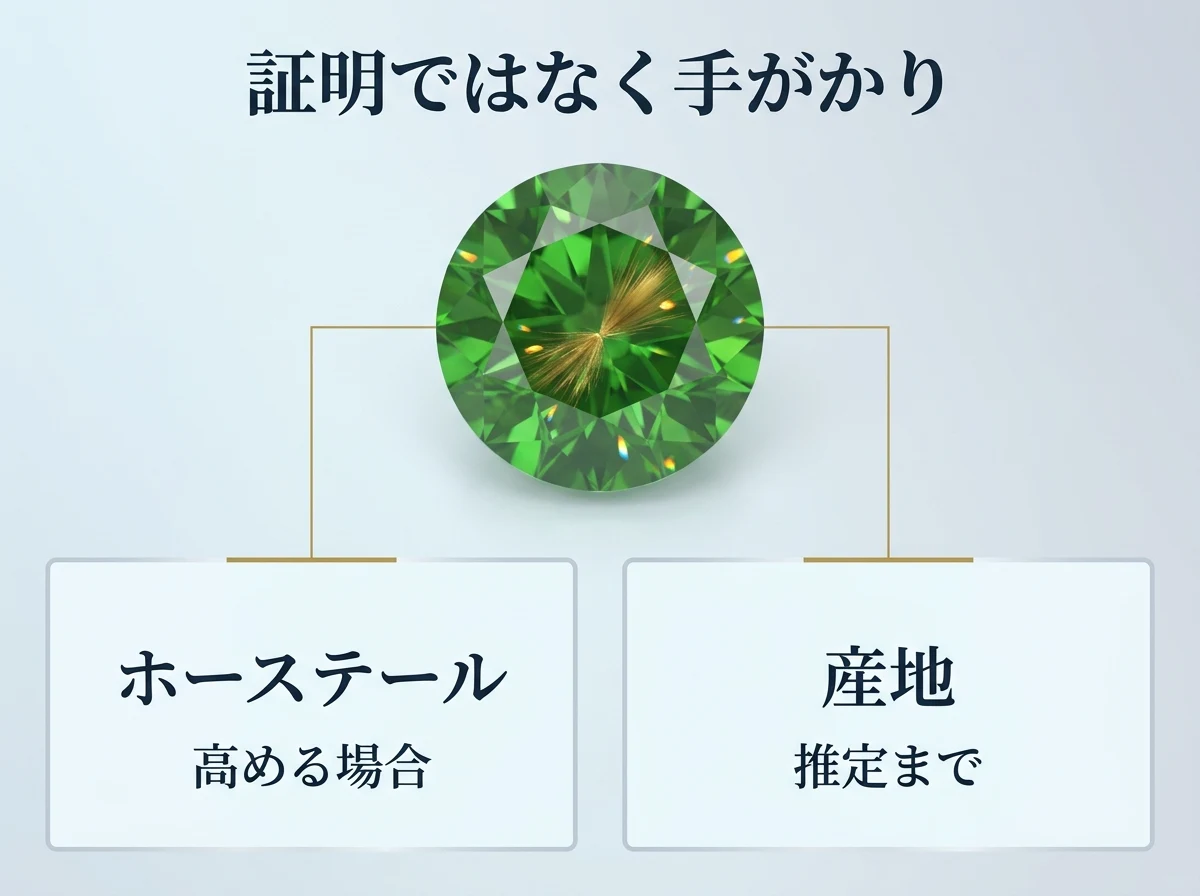 ホーステールのあるデマントイドガーネットと、ホーステールと産地が査定で手がかりとして扱われることを示した図