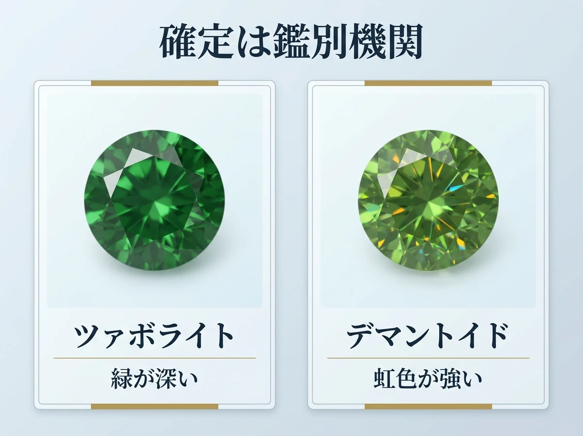 ツァボライトとデマントイドガーネットを並べ、石種の確定が鑑別機関の領域であることを示した図