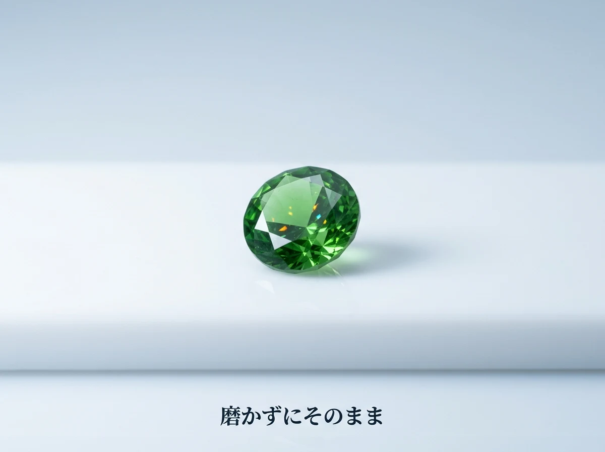 光沢のあるトレーの上に置いたまま、磨かずにそのままにしてあるデマントイドガーネットのルース