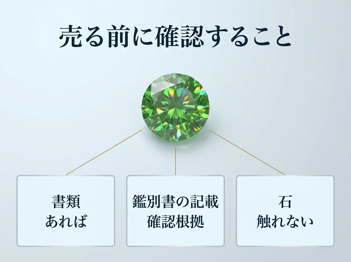 デマントイドガーネットのルースと、売る前に確認する3つのこと(書類・鑑別書の記載・石に触れない)を示した図