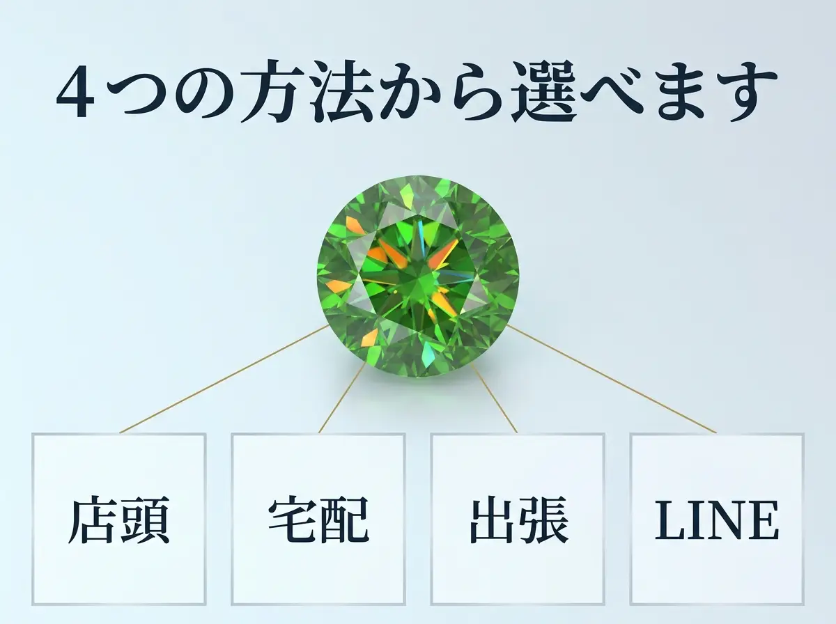 デマントイドガーネットのルースと、店頭・宅配・出張・LINEの4つの査定方法を示した図