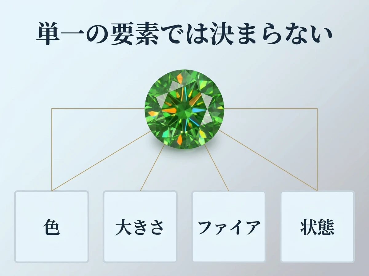 デマントイドガーネットのルースと、価値を決める主な要素（色・大きさ・ファイア・状態）を示した図