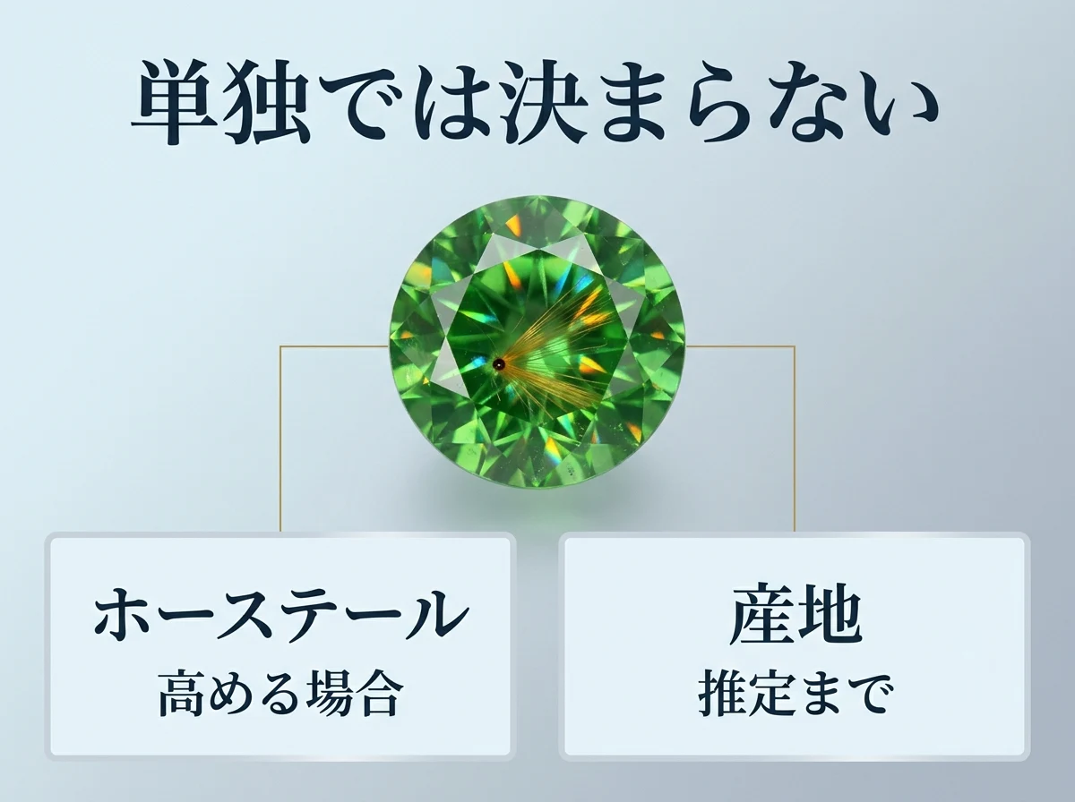ホーステールのあるデマントイドガーネットと、ホーステールと産地が評価でどう扱われるかを示した図