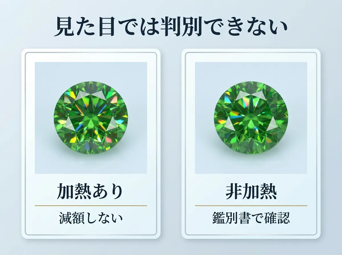 加熱されたデマントイドガーネットと非加熱のデマントイドガーネットを並べ、見た目では判別できないことを示した図