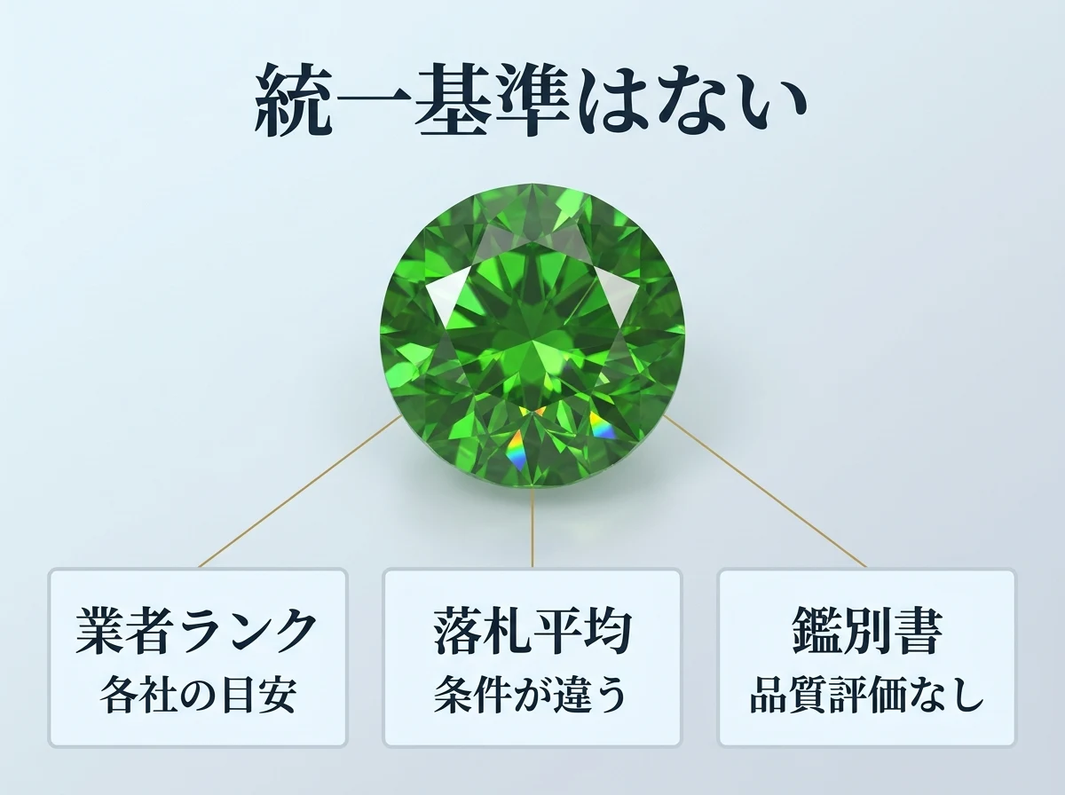 デマントイドガーネットのルースと、業者ランク・落札平均・鑑別書がそれぞれ何を示すかを並べた図