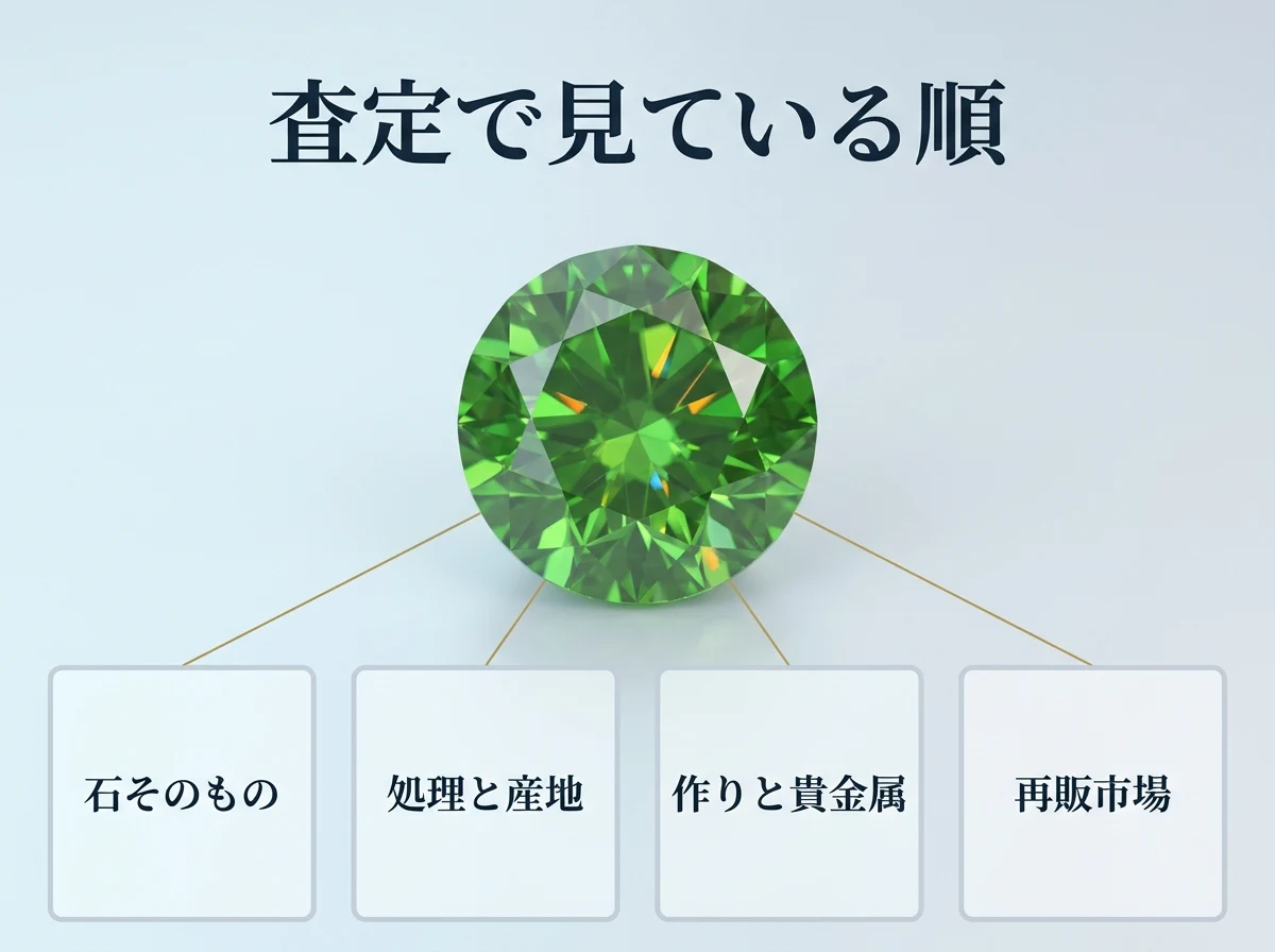デマントイドガーネットのルースと、査定で見る4つの領域（石そのもの・処理と産地・作りと貴金属・再販市場）を示した図
