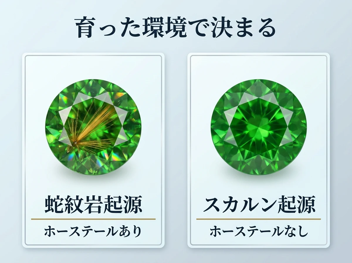 蛇紋岩起源とスカルン起源のデマントイドガーネットの内包物の違いを示した比較図