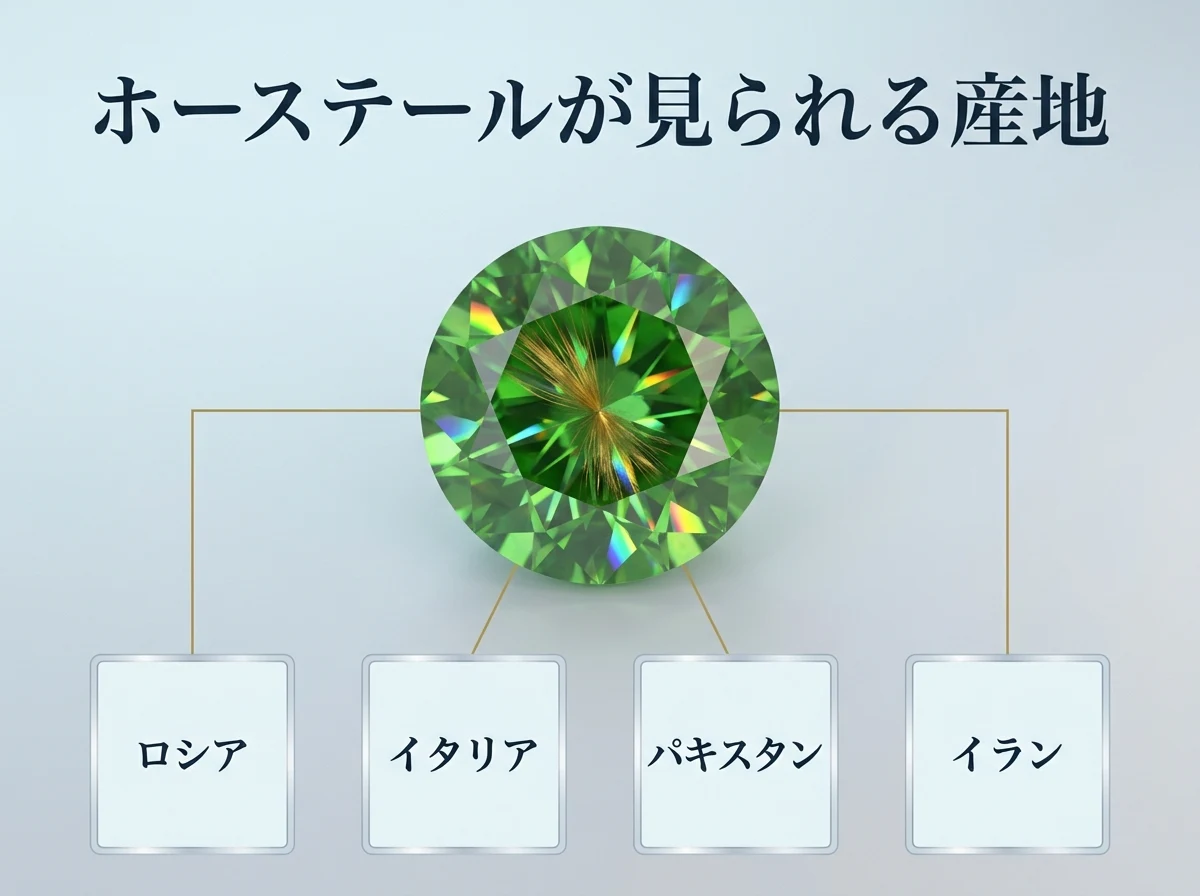 ホーステールインクルージョンが報告されている複数の産地を示した図