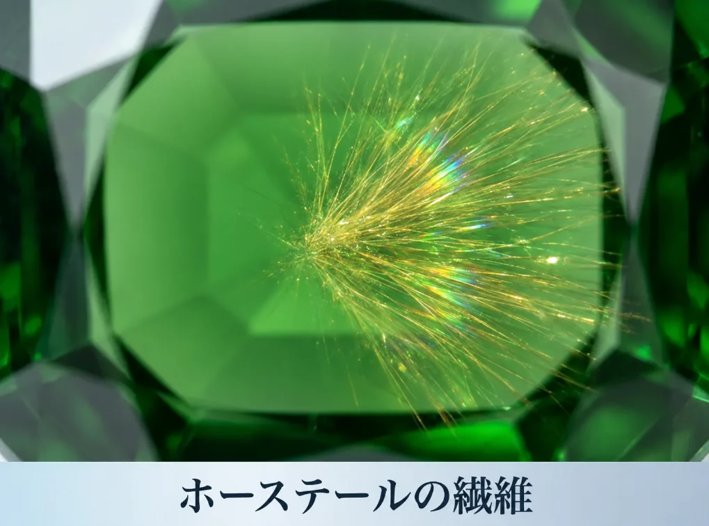 デマントイドガーネット内部のホーステールの繊維を拡大した写真