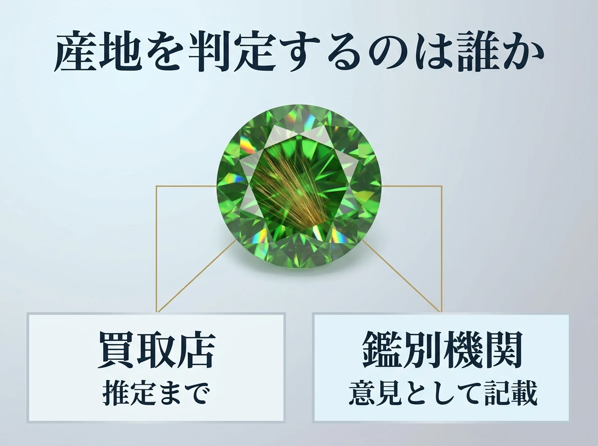 買取店の査定と鑑別機関の産地記載の役割の違いを示した図