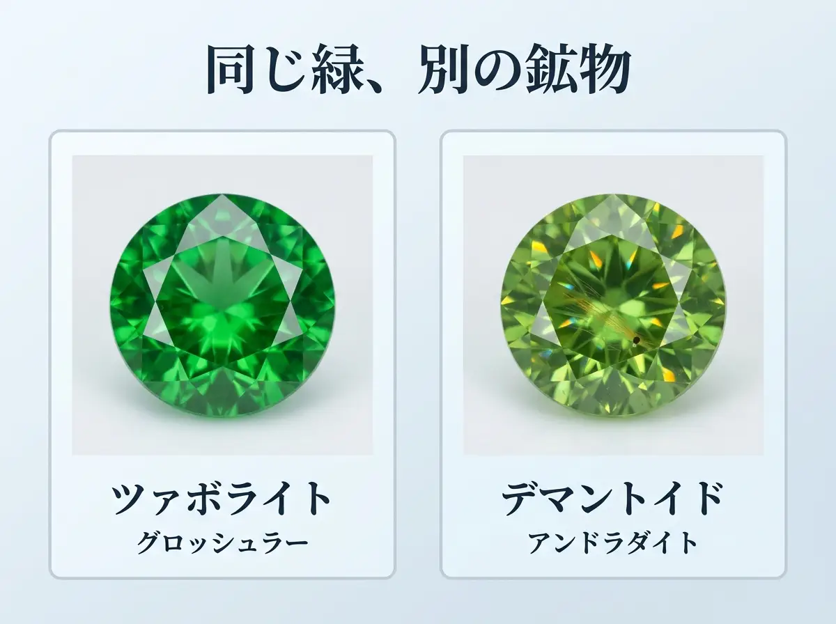 ツァボライトとデマントイドガーネットを鉱物種ごとに並べた比較図