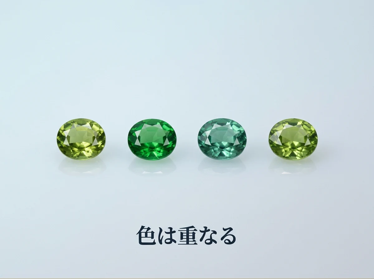 色味が重なり合う4つの小さな緑のガーネットを並べた写真