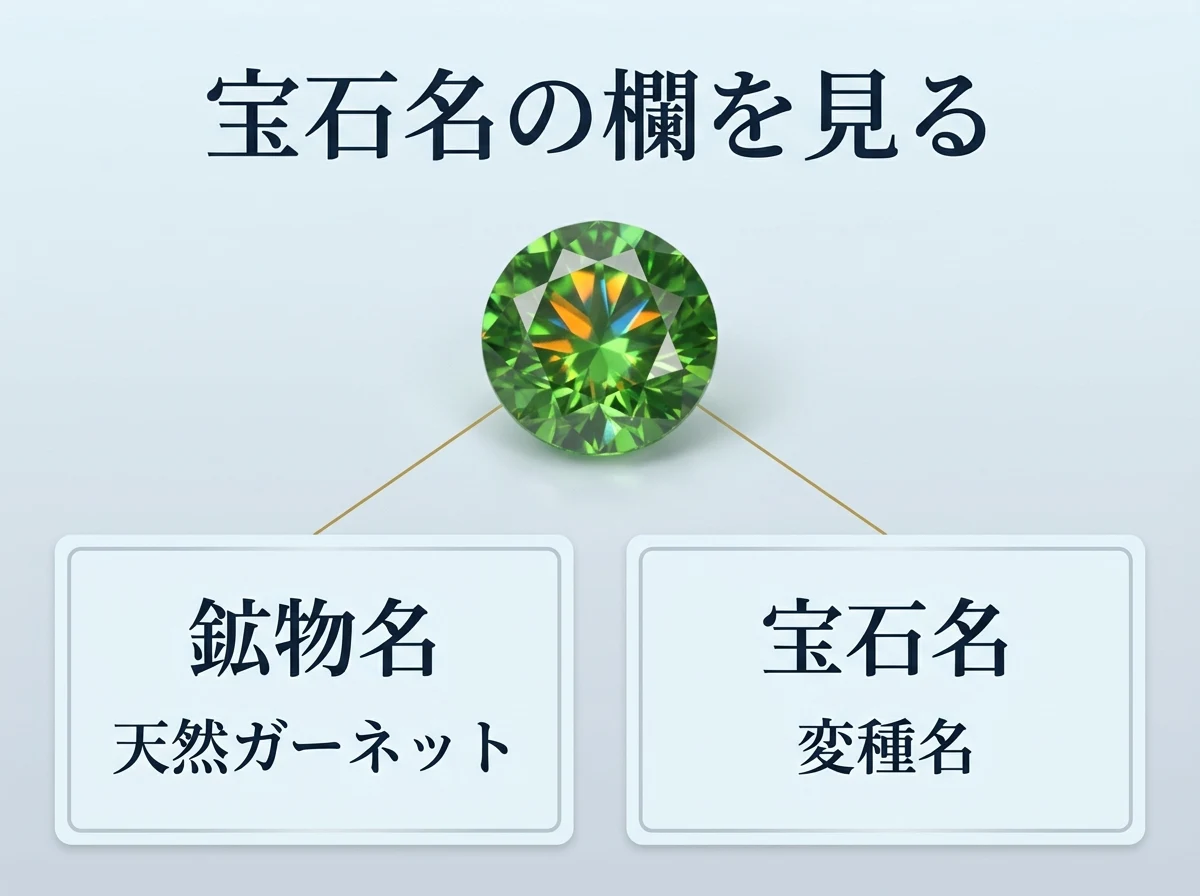 緑のガーネットの鑑別書で、鉱物名の欄と宝石名の欄に何が書かれるかを示した図