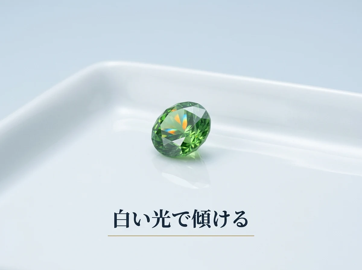 白い光の下で傾けて眺める緑のガーネットのルース
