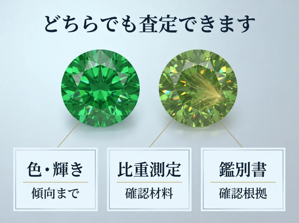 緑のガーネットの査定で、色と輝き・比重測定・鑑別書がそれぞれどう扱われるかを示した図