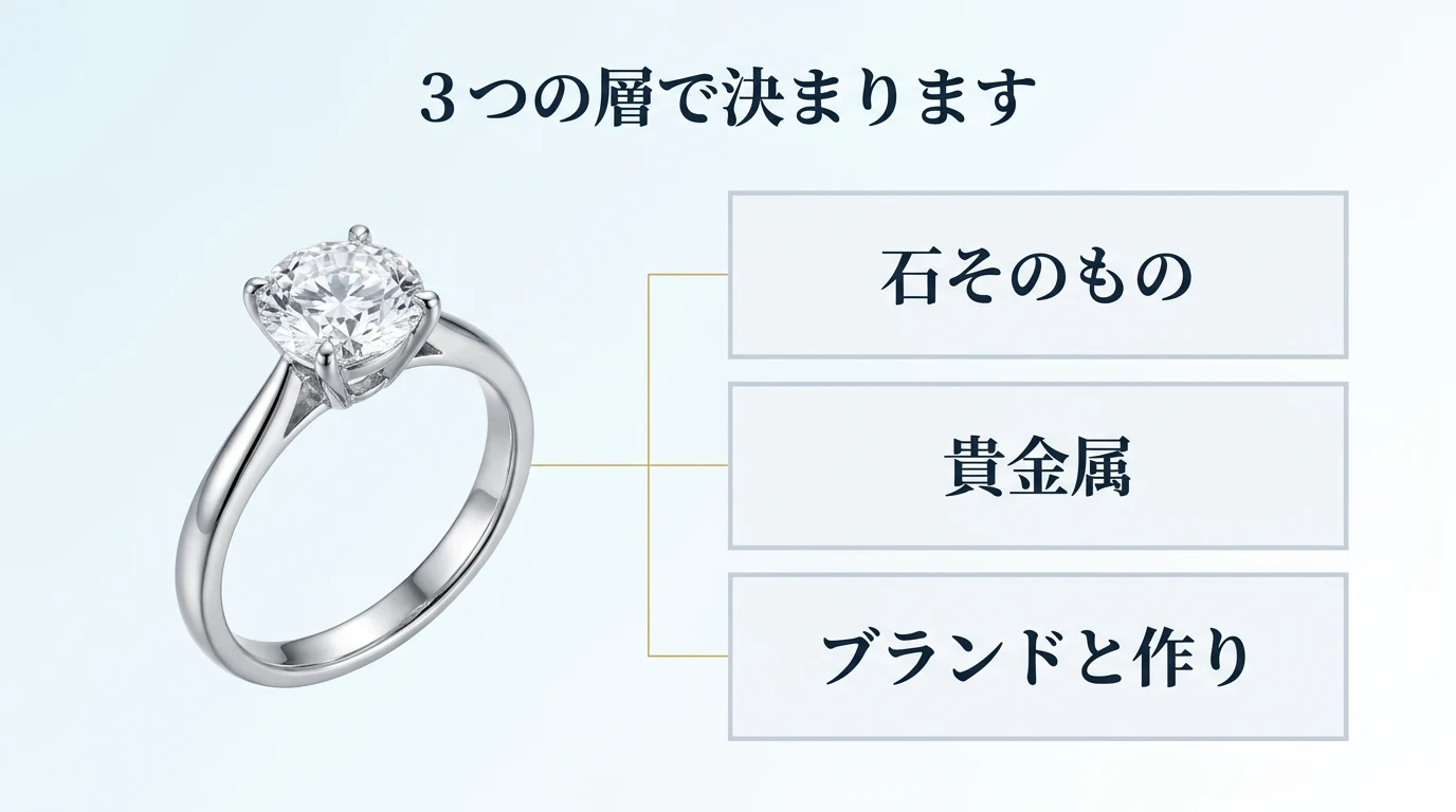 ダイヤモンドの査定額が石・貴金属・ブランドと作りの3つの層で決まることを示した図