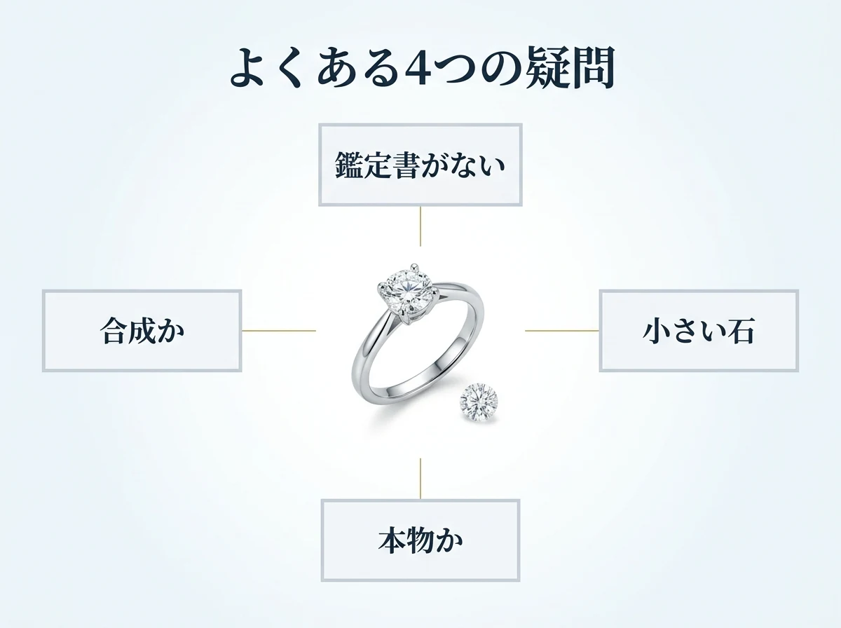 ダイヤモンド買取でよくある4つの疑問を指輪を中心に示した図
