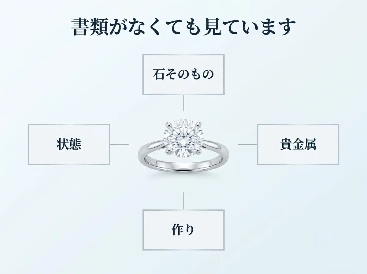 鑑定書がなくても確認できる査定項目を指輪を中心に示した図