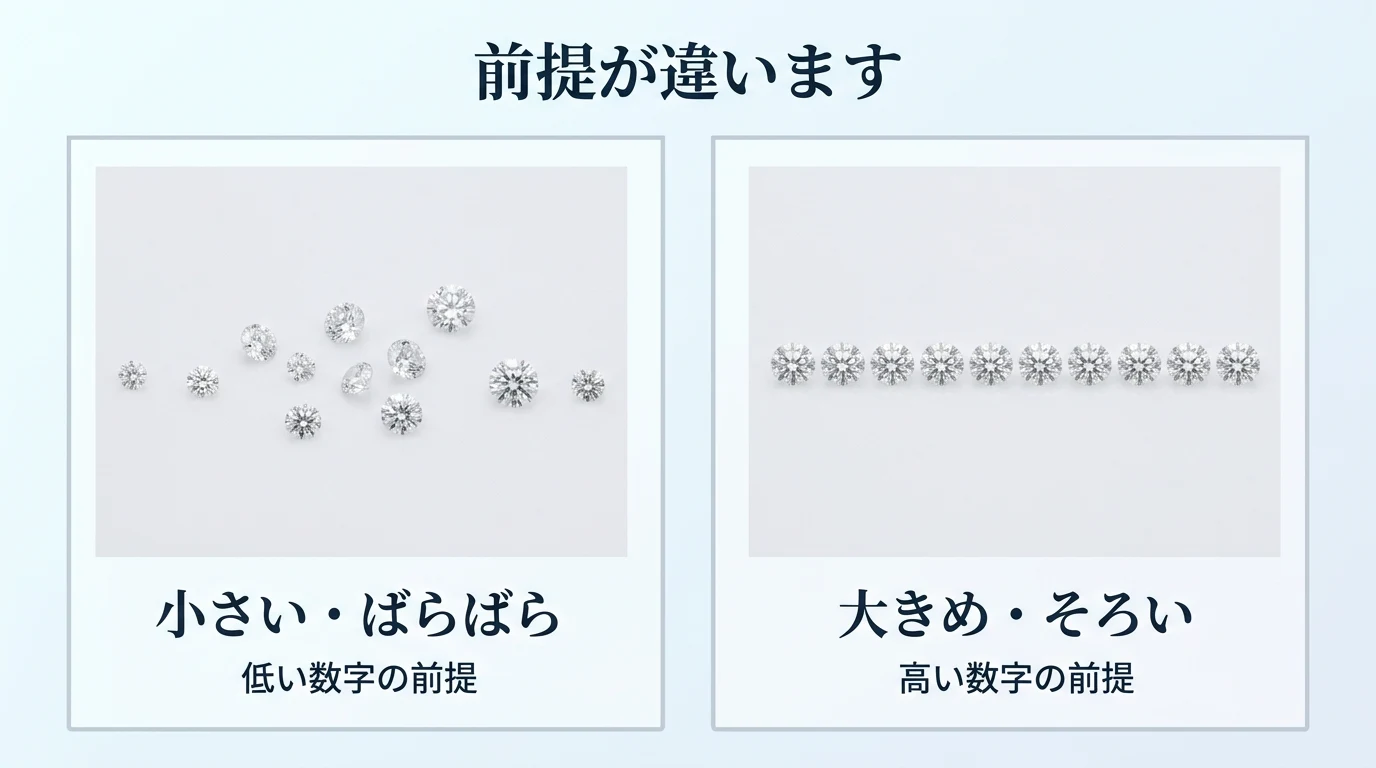 メレダイヤモンドの相場がサイトごとに違う理由を、前提の違いとして示した図