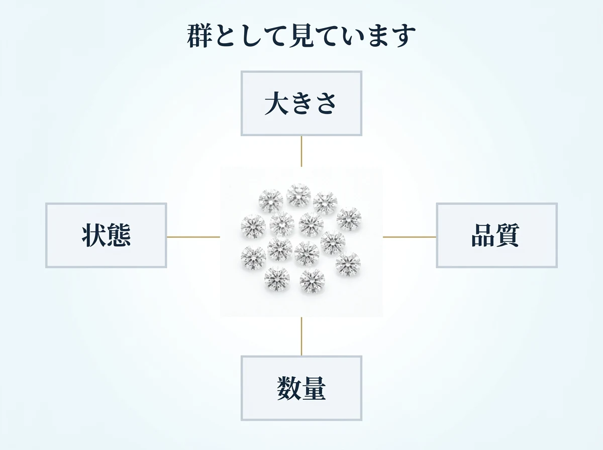 小さなダイヤモンドの群を大きさ・品質・数量・状態で評価することを示した図
