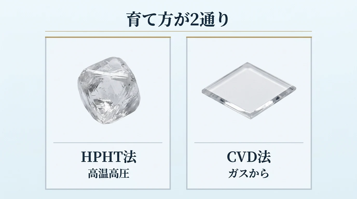 合成ダイヤモンドの2つの製法を、それぞれの結晶とともに示した図