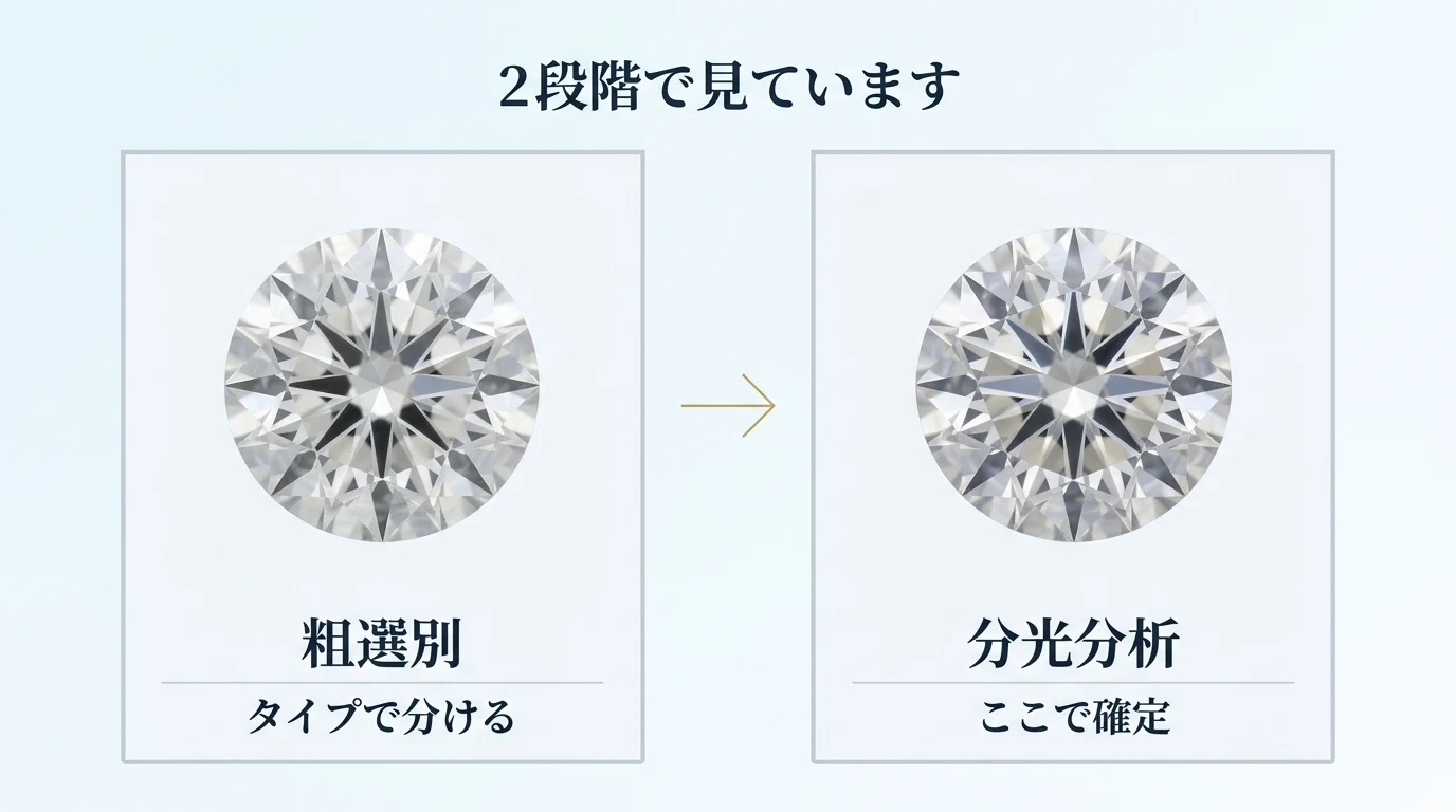 天然か合成かを確定するまでの粗選別と分光分析の2段階を示した図