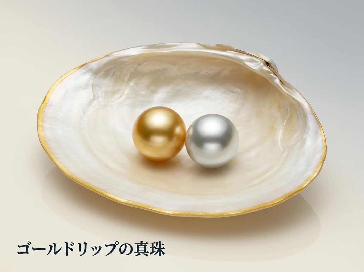 金色のふちを持つ白蝶貝の内側に、金色の真珠と白い真珠を置いた写真