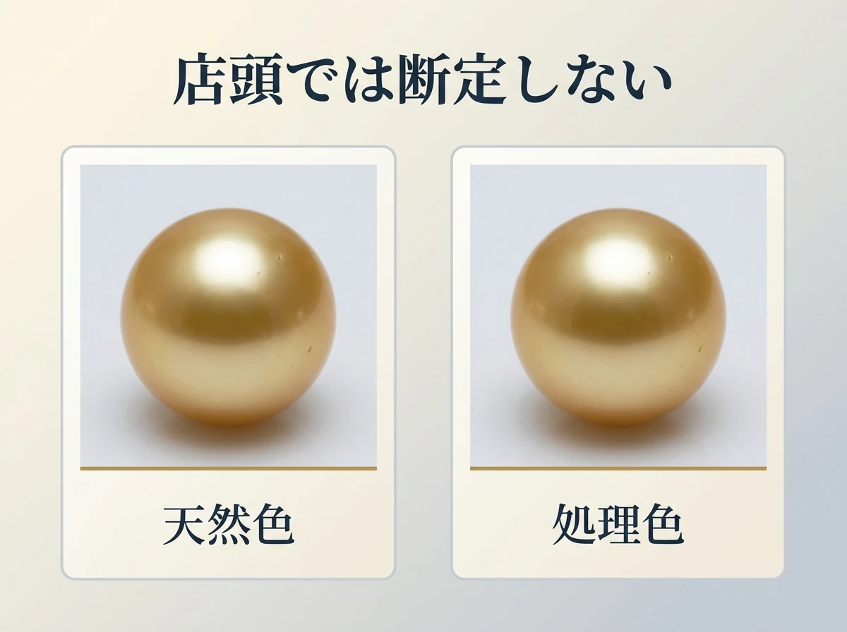 同じ見え方の金色の真珠を2枚のカードに置き、店頭では断定しないことを示す図