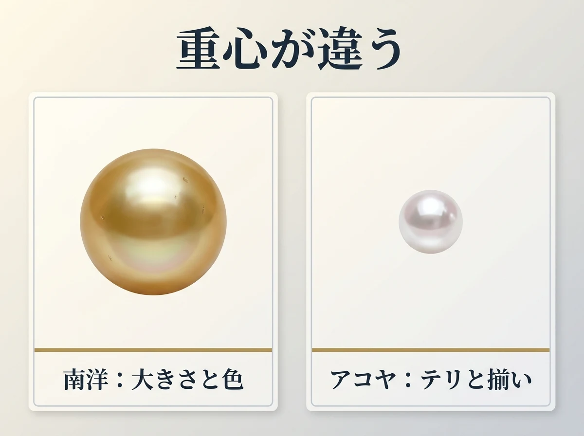 大粒の金色の真珠と小粒のアコヤ真珠を並べ、見る軸の違いを示した比較図