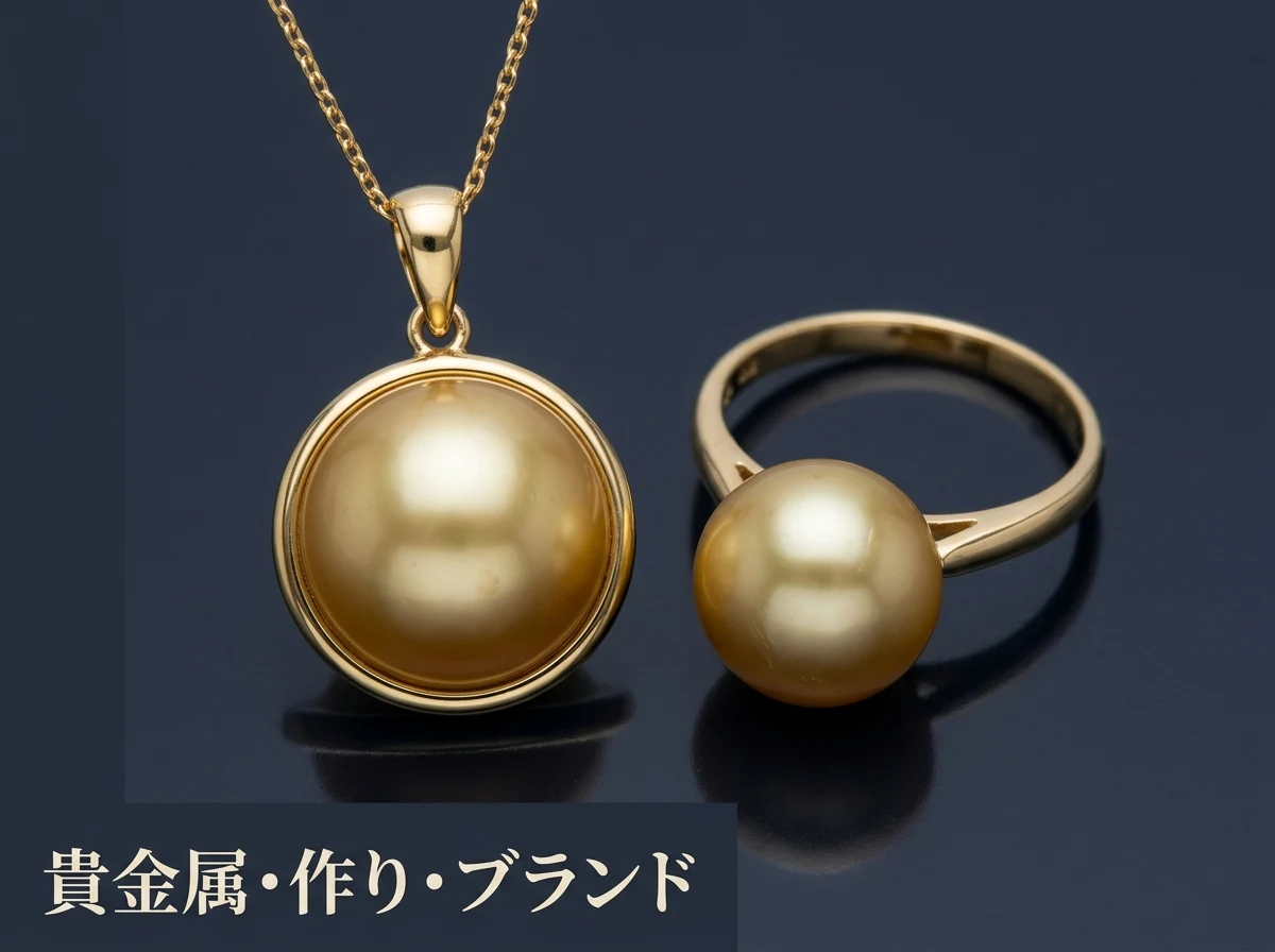金の枠のペンダントと金色の真珠のリングを暗い面に置いた写真