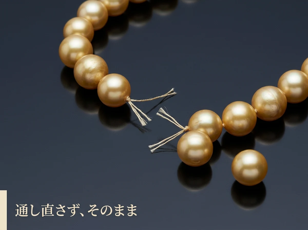 糸が切れたままの金色の真珠の連を暗い面に置いた写真