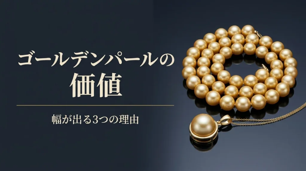 金色の真珠のネックレスと金の枠のペンダントを暗い面に置いた写真