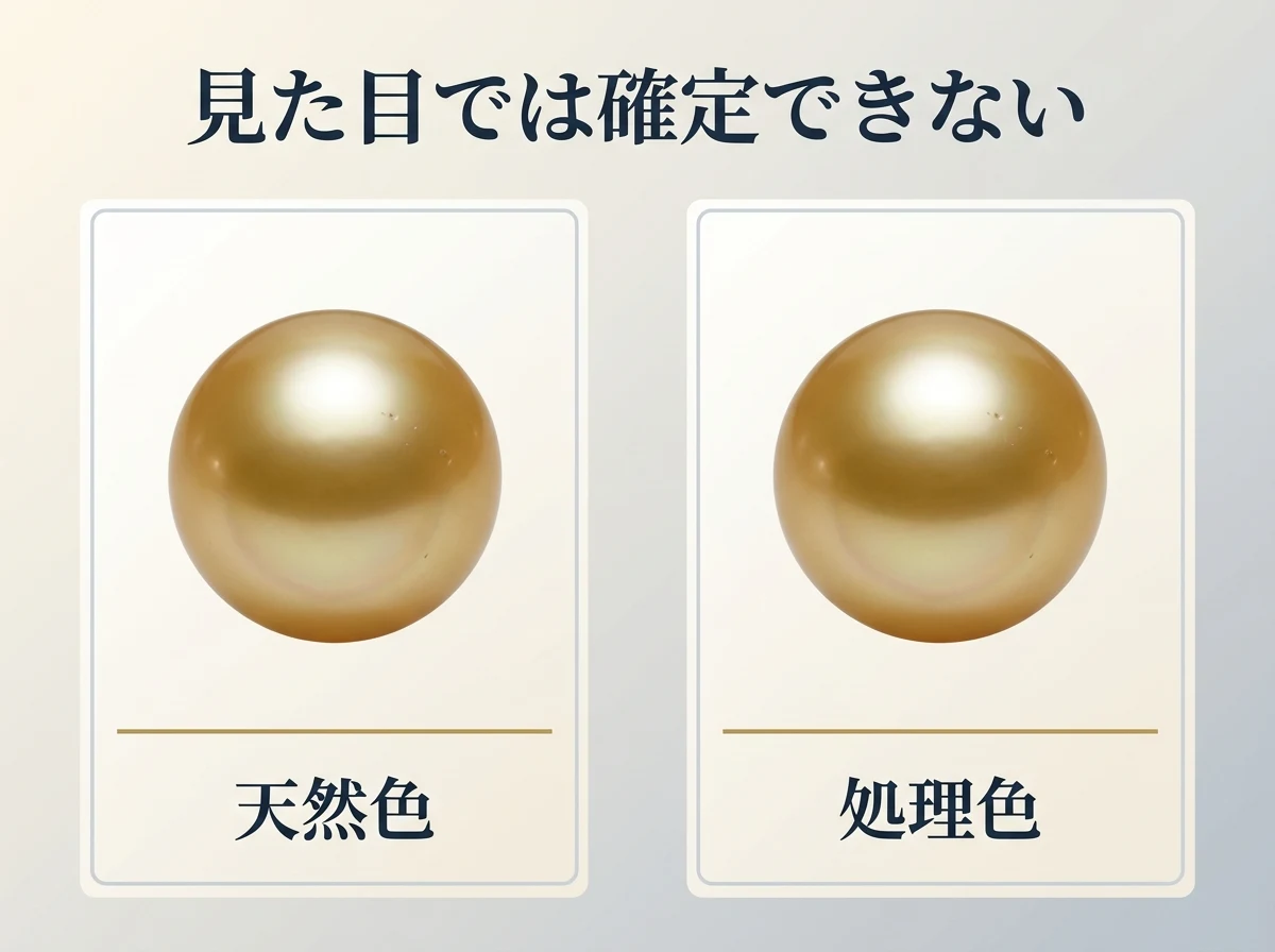 同じ見え方の金色の真珠を2枚のカードに置き、見た目では確定できないことを示す図