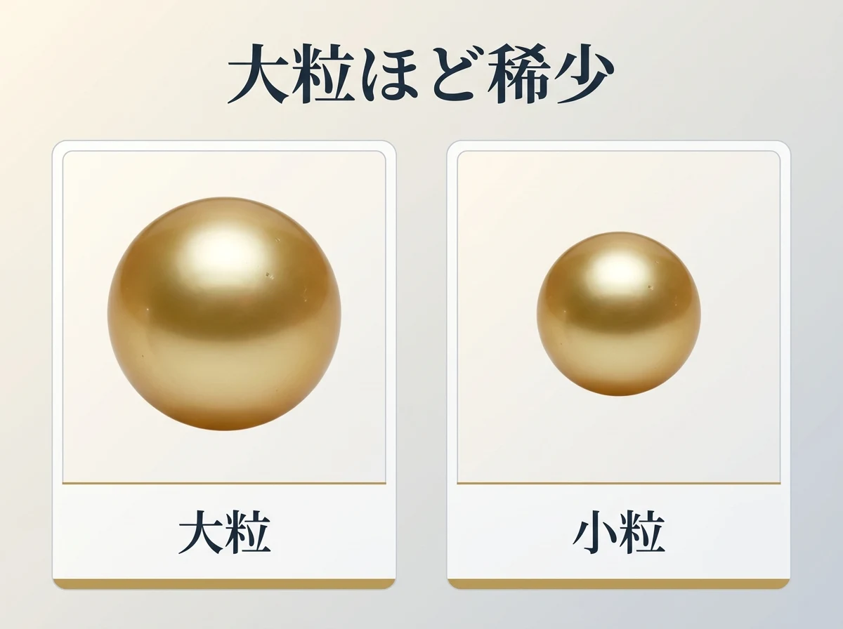 大粒の金色の真珠と小粒の金色の真珠を同じ大きさのカードに並べた比較図