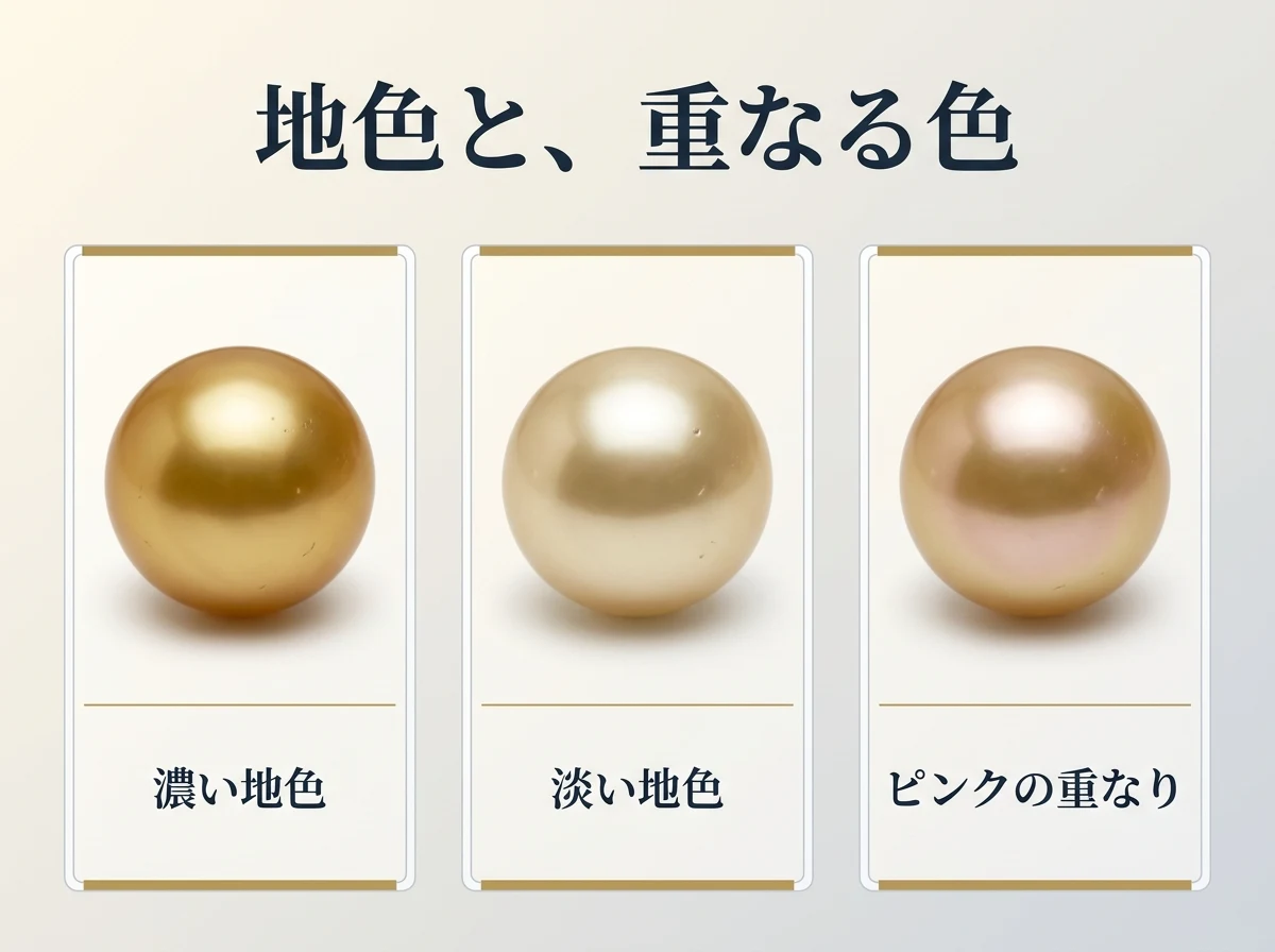濃い金色・淡い金色・ピンクのオーバートーンを持つ金色の3つの真珠を並べた色の比較図